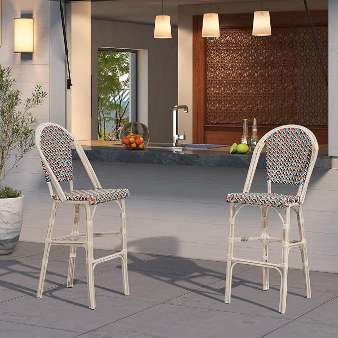 PURPLE LEAF French Bar Stool Set of 2 White Print Finish Patio Bar Stools - Image 2