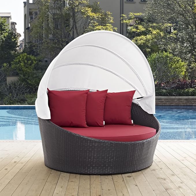 Modway Convene Wicker Rattan Outdoor Patio Retractable Canopy Round Poolside - Image 2