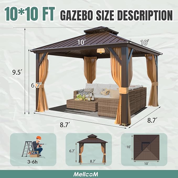 MELLCOM 10' x 10' Gazebo, Hardtop Double Roof Gazebo - Image 5