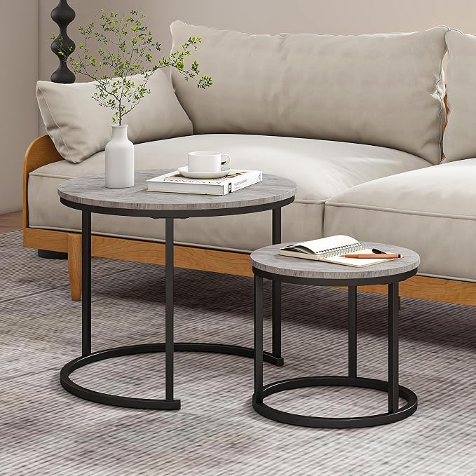 HOJINLINERO Round Coffee Table, Nesting Coffee Table Set of 2, Center Tables by HOJINLINERO