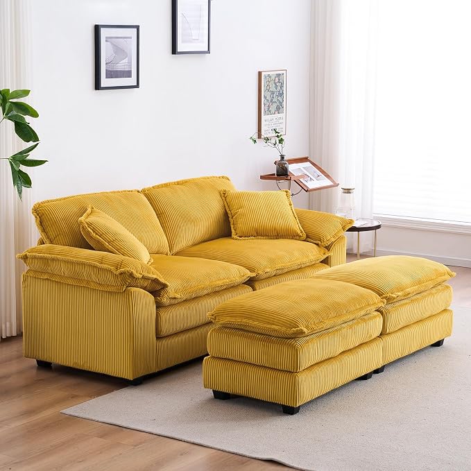 84.6” Corduroy Loveseat with Ottoman, Oversized Double Chaise Lounge Chair - Image 10