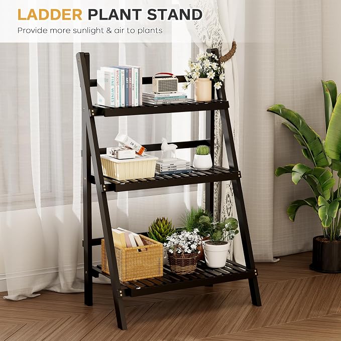 39.4" Foldable Plant Shelf Ladder Shelf, 3 Tier Bamboo Ladder Flower Pot - Image 6