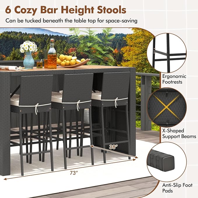 7-Piece Outdoor Wicker Bar Set, PE Rattan Bar Height Dining Set - Image 3