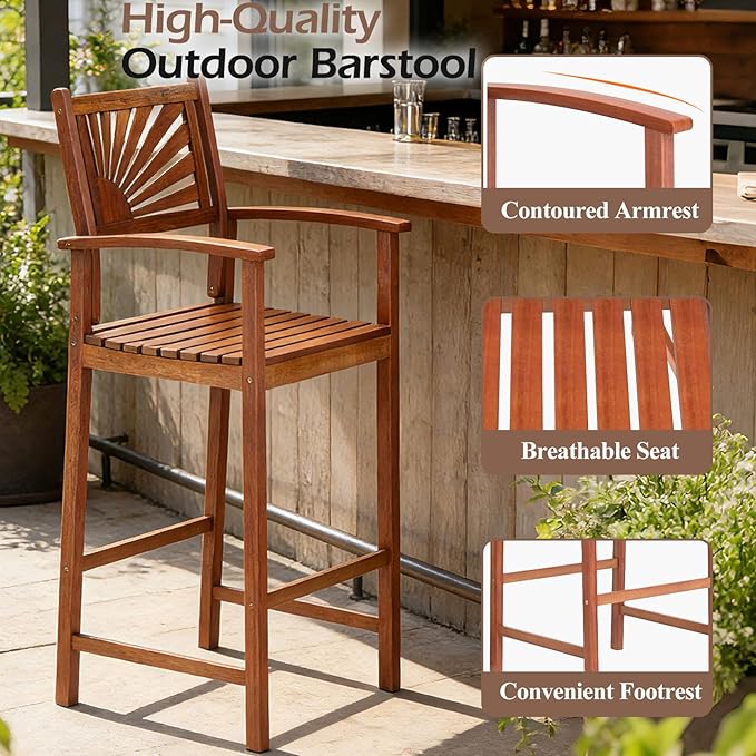 COSTWAY Outdoor Bar Chairs Set of 2, Armrest and Footrest, Patio High Top Chairs - Image 6
