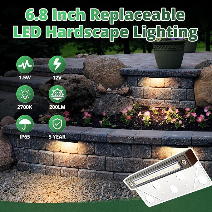 GKOLED 8-Pack Replaceable 6.8" LED Hardscape Lights, Low Voltage Retaining Wall - Image 4