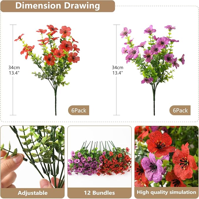 Artificial Flowers Faux Plants Outdoor Fake Flowers Spring Decor, 12 Bundles - Image 3