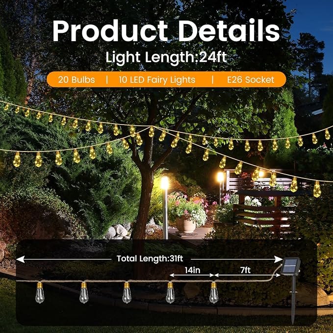 Solar String Lights, 24FT Vintage Rope Hemp Solar Outdoor String Lights - Image 5