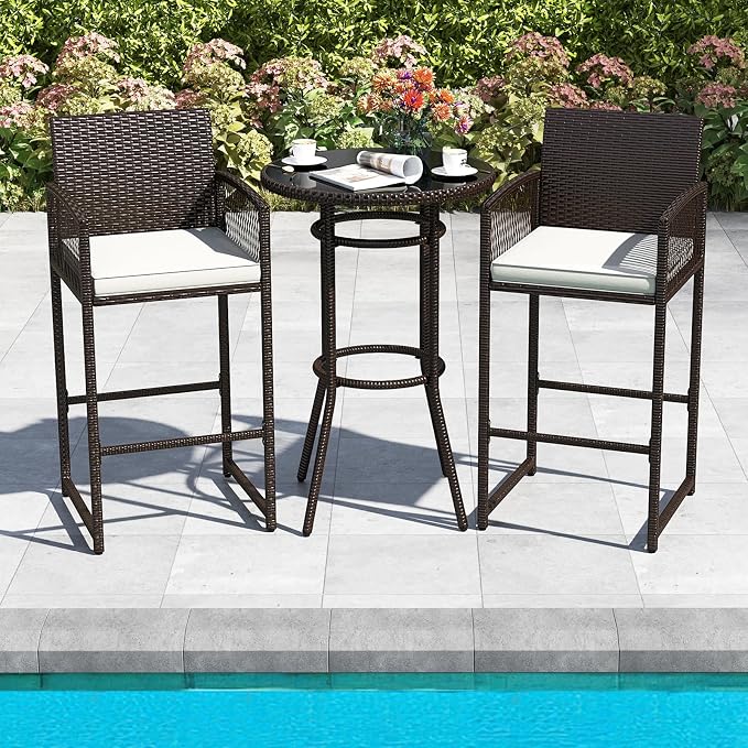 Tangkula 3 Piece Patio Bar Set, Outdoor Heavy Duty Wicker Bar Height Table & 2 - Image 3