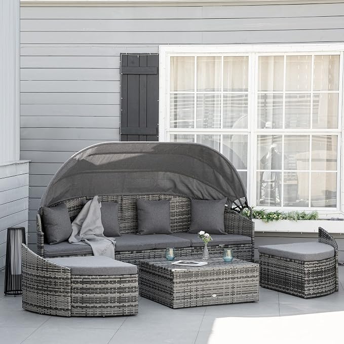 Outsunny 4-Piece Outdoor Rattan Furniture Set, Round Convertible Patio Daybed - Image 2