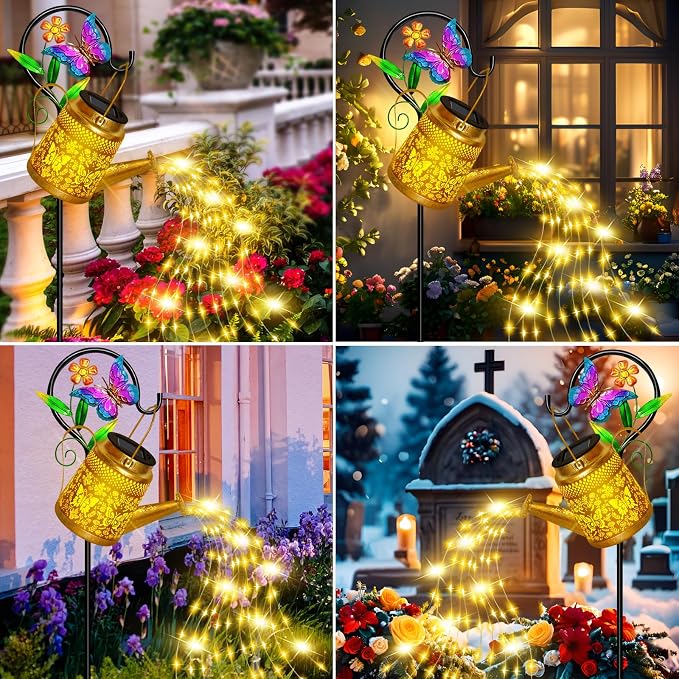 Solar Watering Can Lights Outdoor Garden Decor, Large Butterfly Hanging Lantern - Image 5