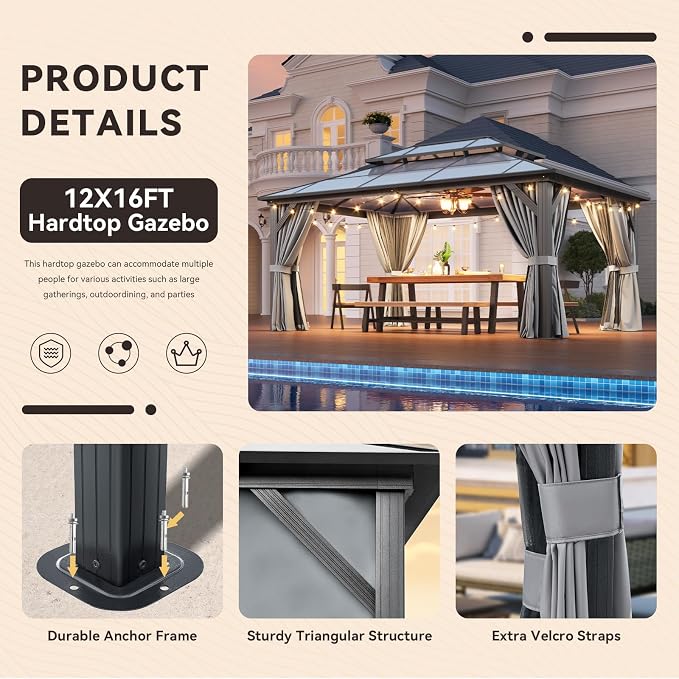 Aoxun 12'x16' Hardtop Gazebo, Outdoor Metal Gazebo - Image 8