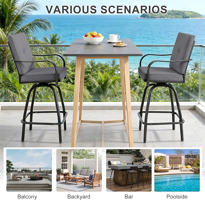 Patio Swivel Bar Stools Set of 2, Outdoor Bar Height Swivel Chairs - Image 7