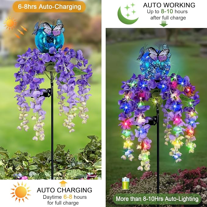 Solar Lights Outdoor Pathway, Wisteria Flower Garden Stakes, Colorful LED Lights - Image 3