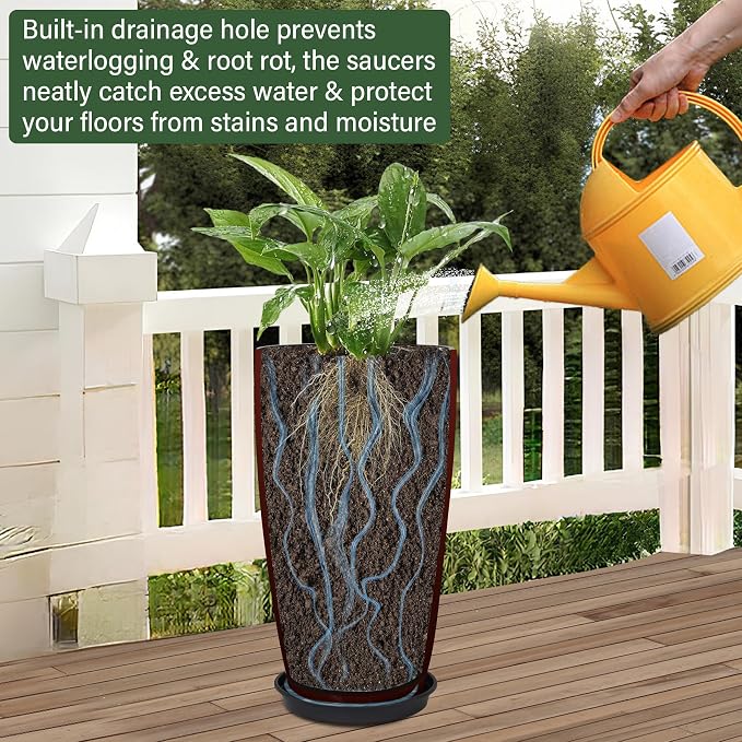 Set of 2 Lightweight Ceramic-Look Tall Planter, 21 inch Large Plastic Planter - Image 5