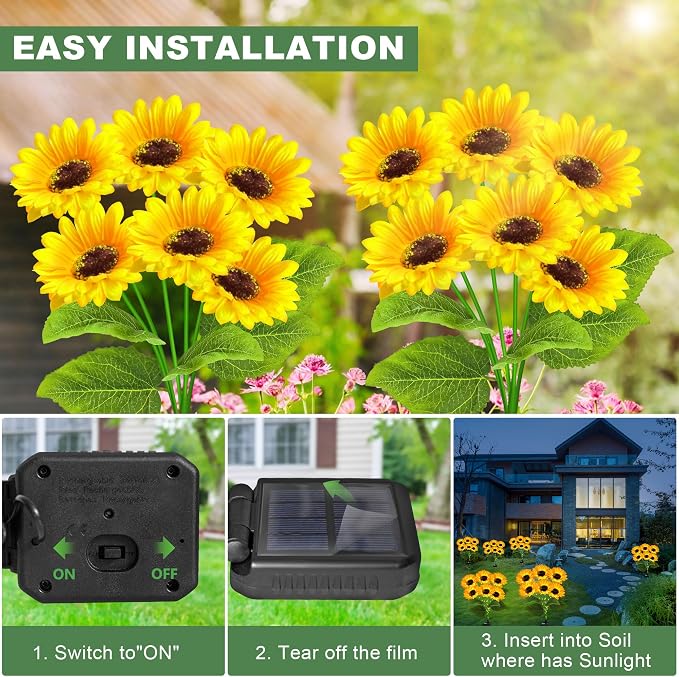 2 Pack with 12 Sunflower Solar Lights Outdoor Garden Decor, Solar Flowers - Image 8