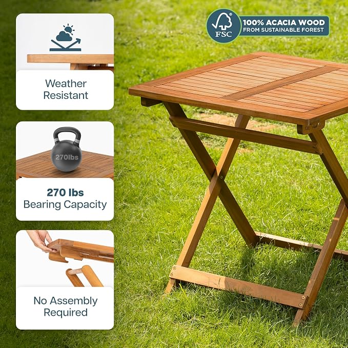 IDZO Legolas FSC Acacia Wooden Folding Table, Heavy Duty 270lbs Capacity - Image 4