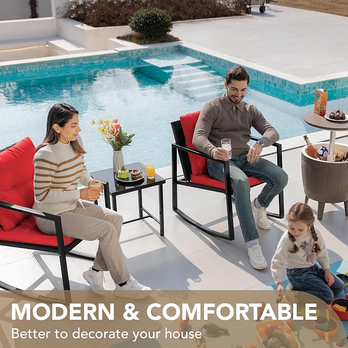 Devoko 3 Piece Rocking Bistro Set Wicker Patio Outdoor Furniture Porch Chairs - Image 2
