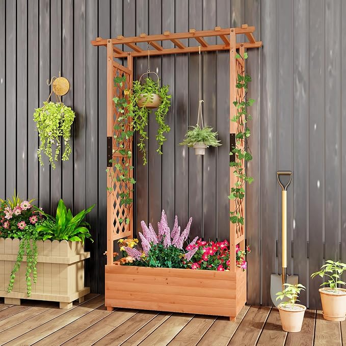 Giantex Raised Garden Bed with Trellis & Hanging Roof, Wood Planter Box with - Image 9