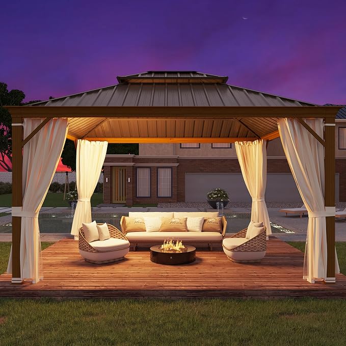 YOLENY 12' x 14' Hardtop Gazebo, Wood Grain Aluminum Frame Canopy - Image 8