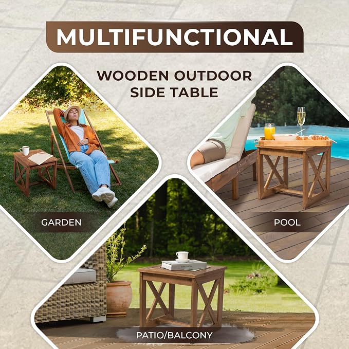 100% Acacia Wood Small Table, Outdoor Side Table - Image 5