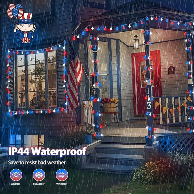 Connectable Red White and Blue String Lights Outdoor Indoor, 42FT 100LED 4th of - Image 5
