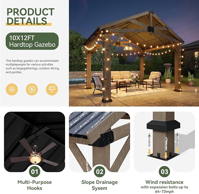 Aoxun 10' x 12' Outdoor Wood Gazebo, Hardtop Gazebo Permanent Wooden Pavilion - Image 4