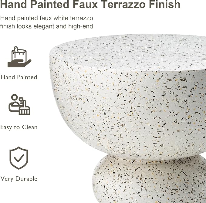 Glitzhome Outdoor Side Table, Round Accent End Table, Lightweight Faux Terrazzo - Image 4