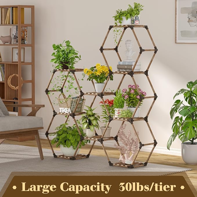 Tikea - Hexagonal Plant Stand Indoor Outdoor Large 11 Tiered Wooden Plant Shelf - Image 4