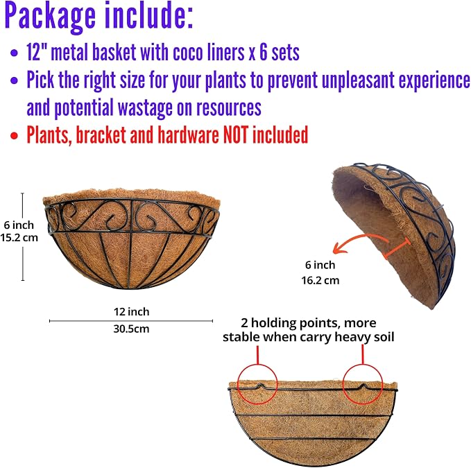LaLaGreen Wall Hanging Planters, 6 Pack, 12 Inch Balcony Flower Baskets - Image 2