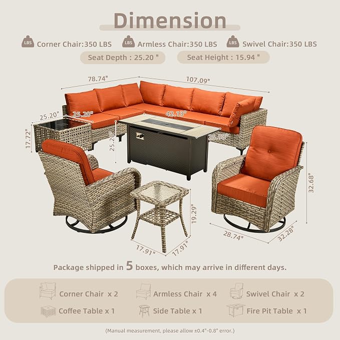 11-Piece Outdoor Sectional Sofa Set w/ 54" Fire Pit – L-Shaped Wicker Patio - Image 8