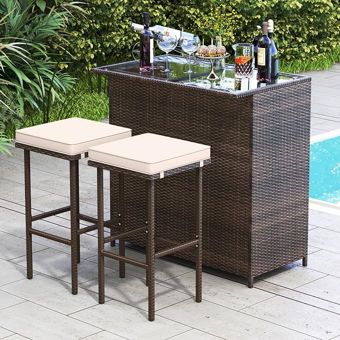 Tangkula 3 Piece Patio Bar Set, Outdoor Rattan Bar Table and 2 Stools - Image 2