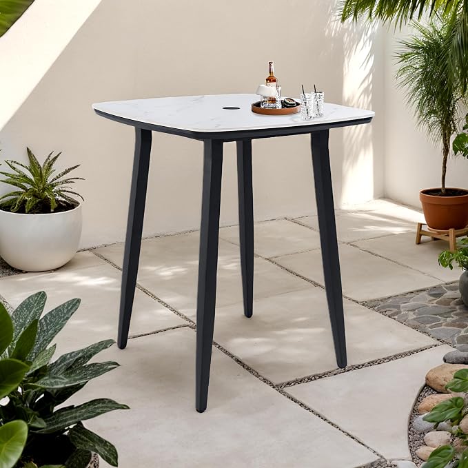 Modern 35.4'' Rounded Square Outdoor Bar Table, Greek White Marble-Inspired by Unknown