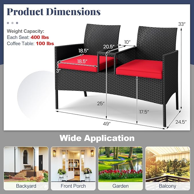 Tangkula Patio Loveseat with Built-in Table, Wicker 2-Seat Furniture with Soft - Image 9