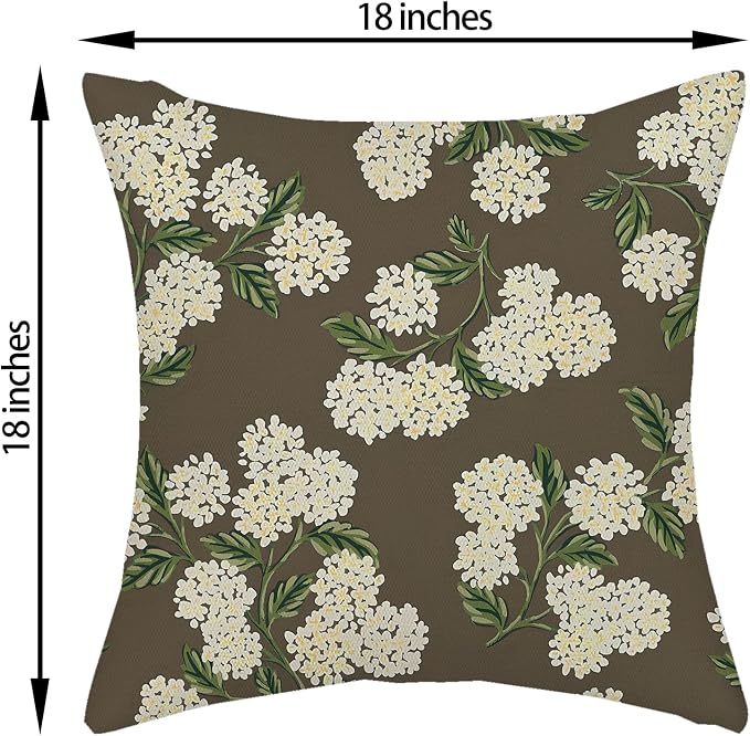 Brown Spring Pillow Covers 18x18 Inch 2 Pcs Green Yellow Hydrangea Flower Decor - Image 6