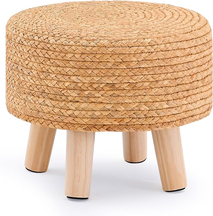 Handwoven Round Ottoman, Natural Water Hyacinth Outdoor Patio Pouf Seagrass Low by LGENHOOMHandwovenNaturalWaterHyacinthBasket