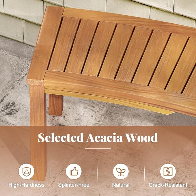 Tangkula Outdoor Curved Bench, Acacia Wood Fire Pit Bench w/Slatted Seat - Image 5