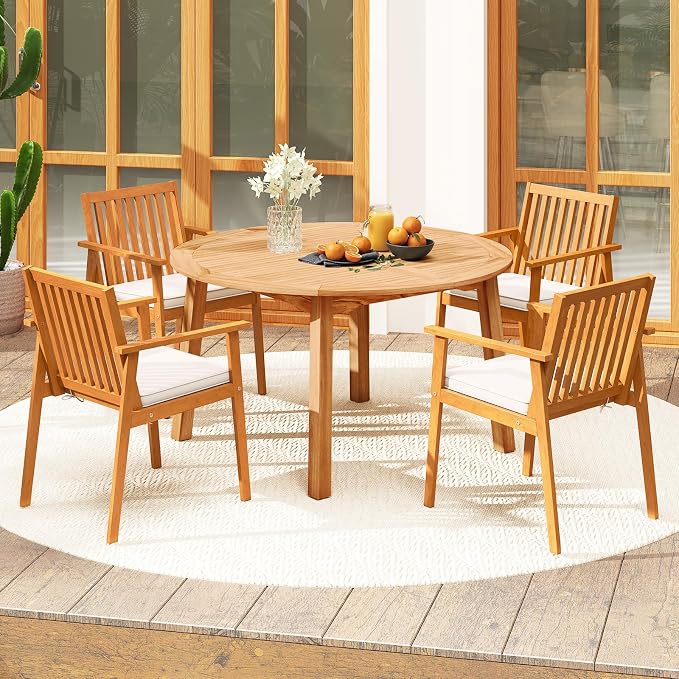 Tangkula 5 Pieces Wood Round Patio Dining Set, Outdoor Acacia Table and Chairs - Image 2