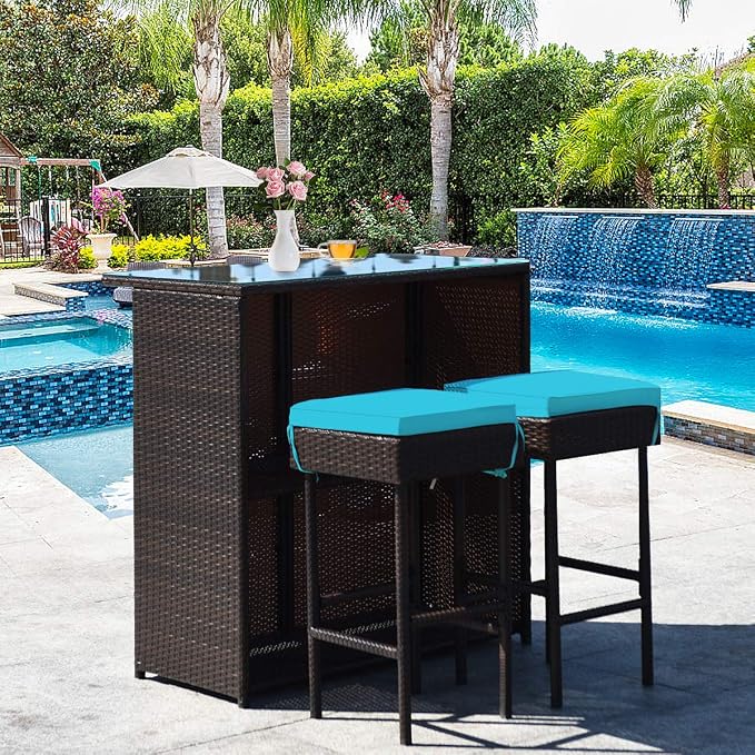 HAPPYGRILL 3-Pieces Patio Bar Set Rattan Wicker Bar Stools & Table - Image 2