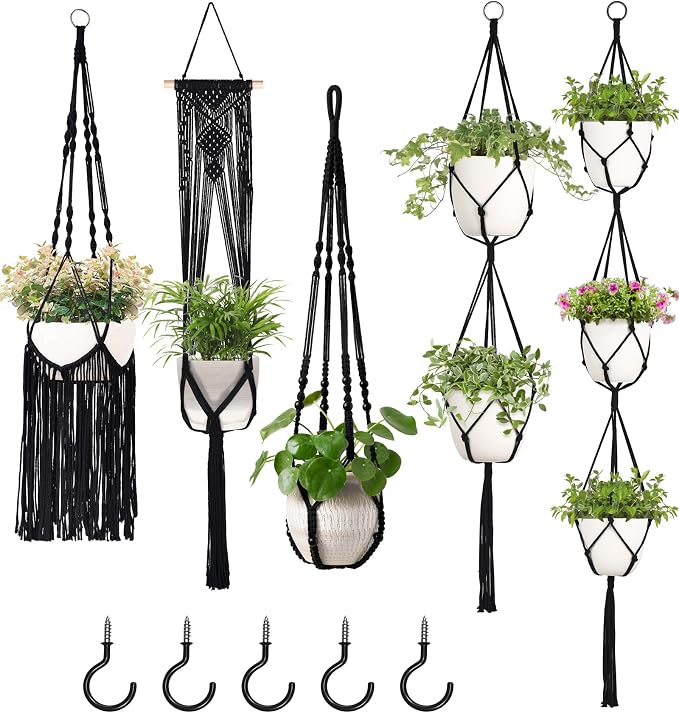 Mkono Macrame Plant Hangers, 5 Pack Different Tiers Indoor Hanging Planters by Mkono