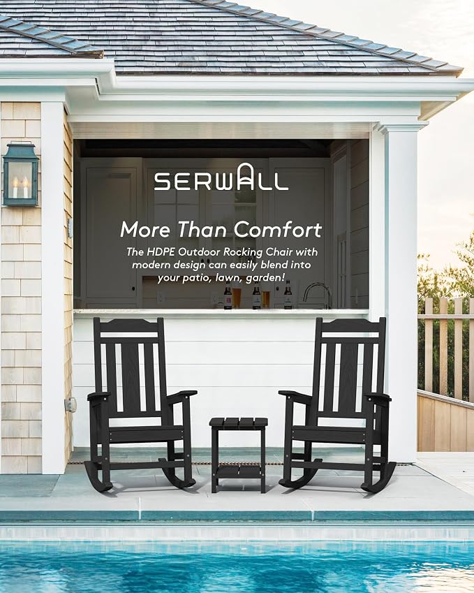 SERWALL Black Outdoor Rocking Chair Set of 2, All Weather Patio Rocking Chair - Image 7