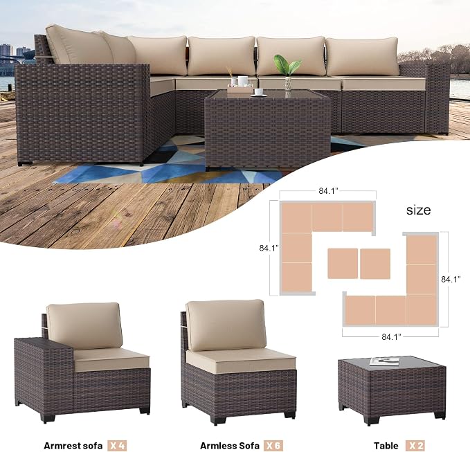 Kullavik Outdoor Patio Furniture Set, 12 Pieces Sectional Rattan Sofa Set Brown - Image 6