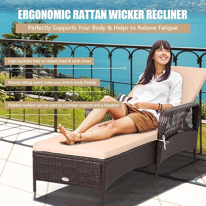 COSTWAY PE Rattan Chaise Lounge Chair, 6 Gear Adjustable Recliner - Image 6