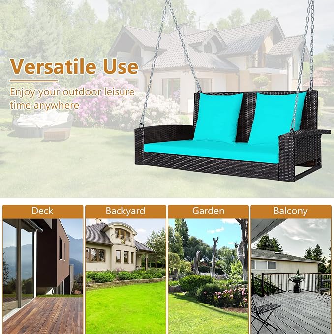 DORTALA Hanging Porch Swing, 2-Person Outdoor Wicker Swing Chair Bench - Image 6