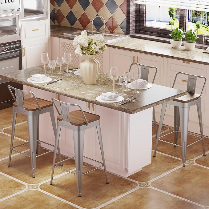 Bar Stools Set of 4 Metal Bar Stool Counter Height Bar Stools Sliver, Modern - Image 6