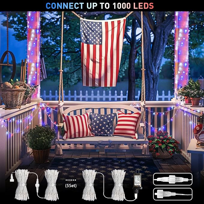JMEXSUSS Red White and Blue Lights Clear Wire, 66 Ft 200 LED 4th of July - Image 4