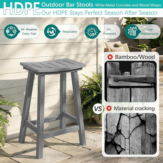 Outdoor Bar Stools Set of 2, 24 Inch All-Weather HDPE Counter Height Chairs - Image 4