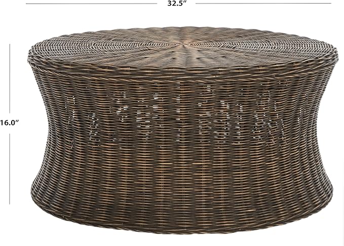 SAFAVIEH Home Collection Ruxton Dark Brown Rattan Round Coffee Table Ottoman - Image 3