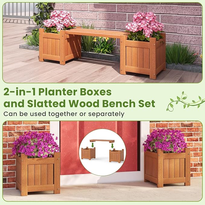 HAPPYGRILL Outdoor Bench with 2 Raised Garden Beds, 2-in-1 Outdoor Planter Box - Image 5