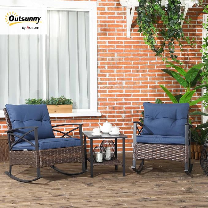Outsunny 3 Piece Patio Rocking Chair Set, Outdoor Wicker Bistro Set - Image 2