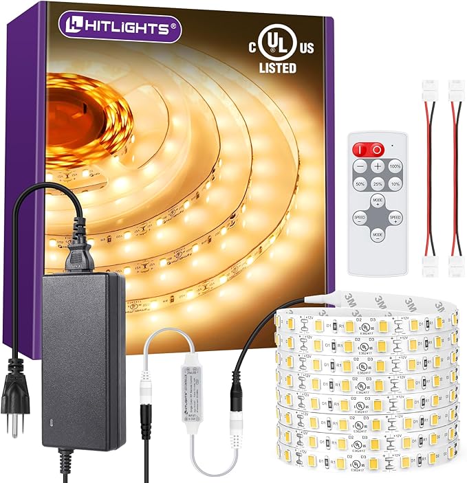 HitLights Warm White LED Strip Lights Kit 3000K, 16.4ft Dimmable Tape Light by HitLights
